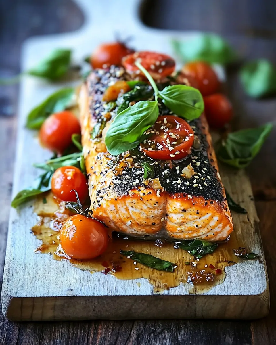 Classic Cedar Plank Grilled Sesame Salmon with Kimchi Miso Butter and Grilled Tomatoes. dish photo
