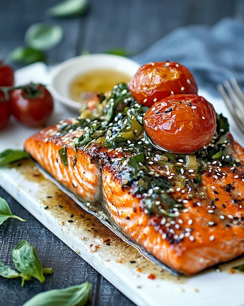 Easy Cedar Plank Grilled Sesame Salmon with Kimchi Miso Butter and Grilled Tomatoes. food shot