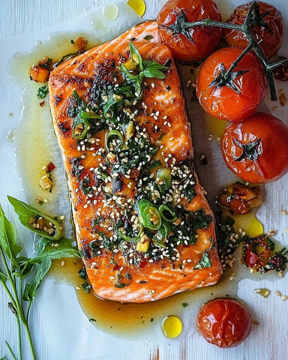 Delicious Cedar Plank Grilled Sesame Salmon with Kimchi Miso Butter and Grilled Tomatoes. plate image