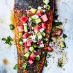 Easy Cedar Plank Salmon with Watermelon Feta Salsa. recipe photo