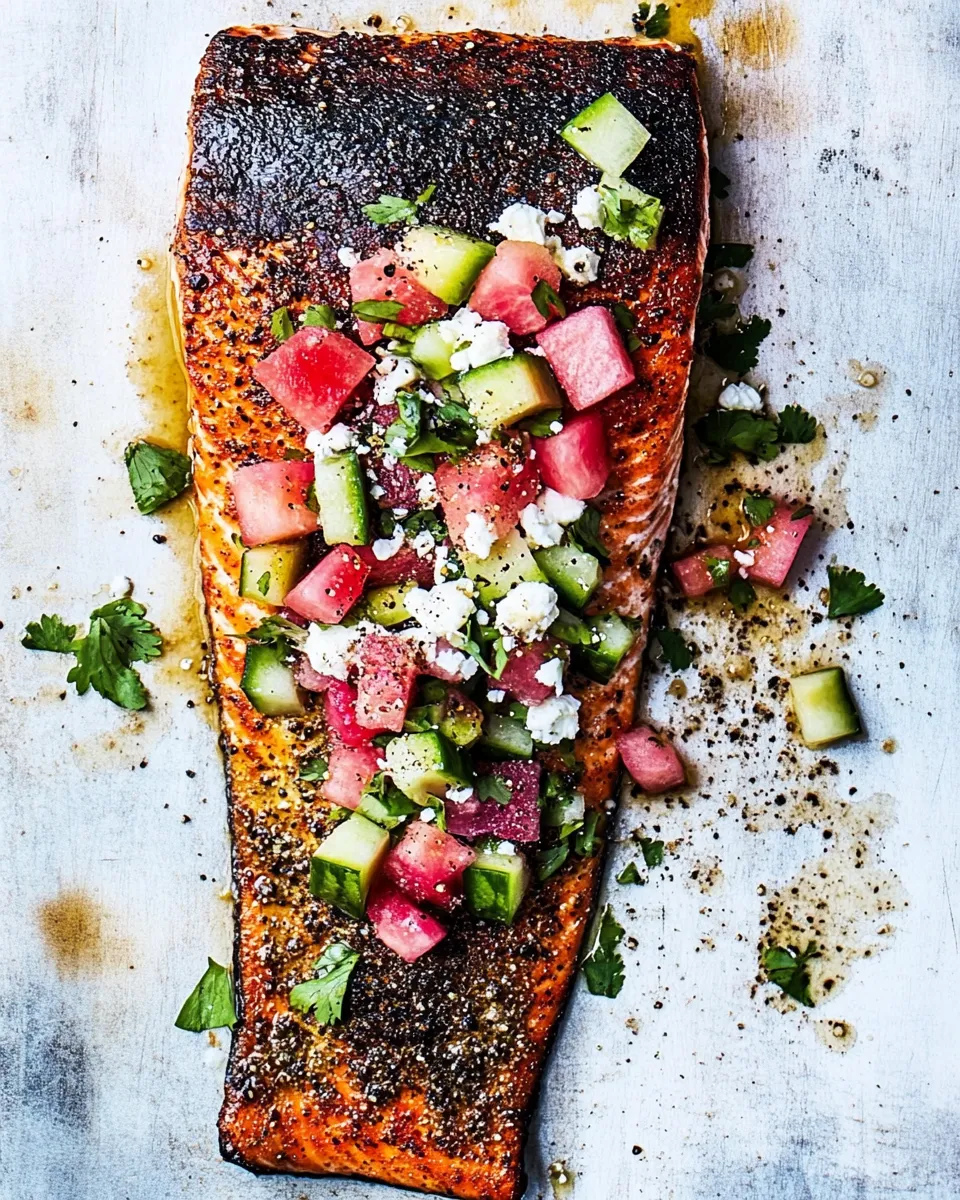 Easy Cedar Plank Salmon with Watermelon Feta Salsa. recipe photo