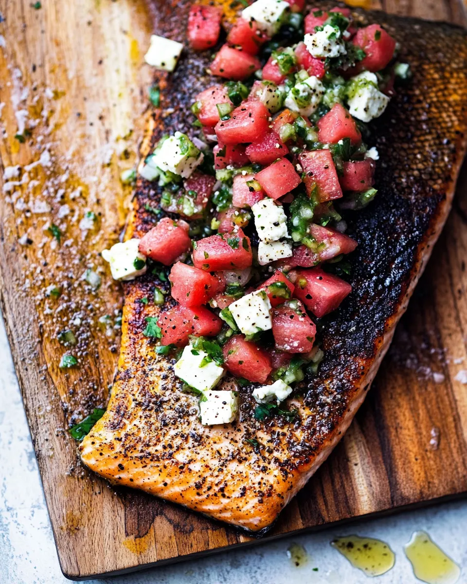 Delicious Cedar Plank Salmon with Watermelon Feta Salsa. food shot