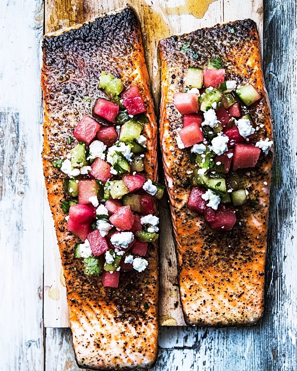 Healthy Cedar Plank Salmon with Watermelon Feta Salsa. dish photo