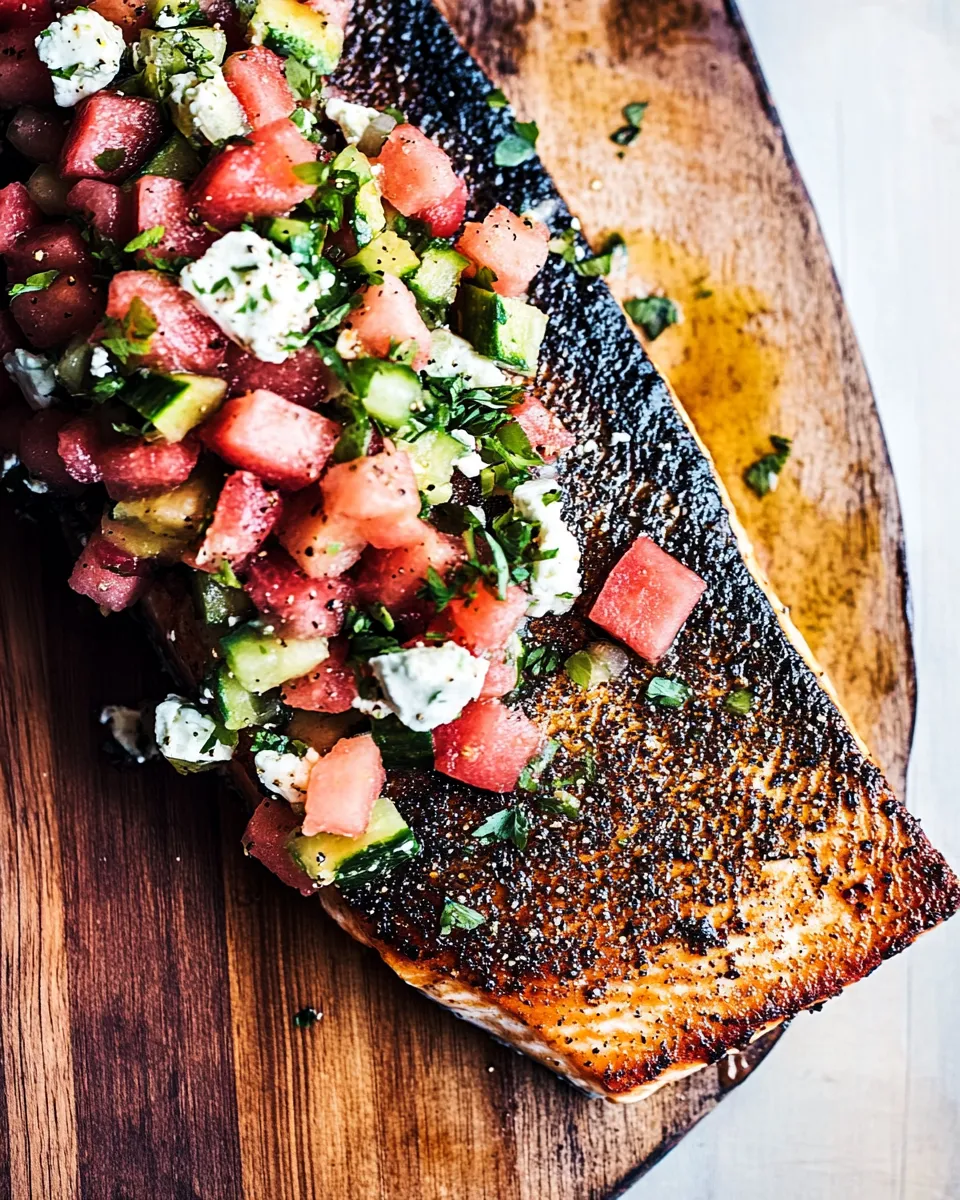 Classic Cedar Plank Salmon with Watermelon Feta Salsa. picture