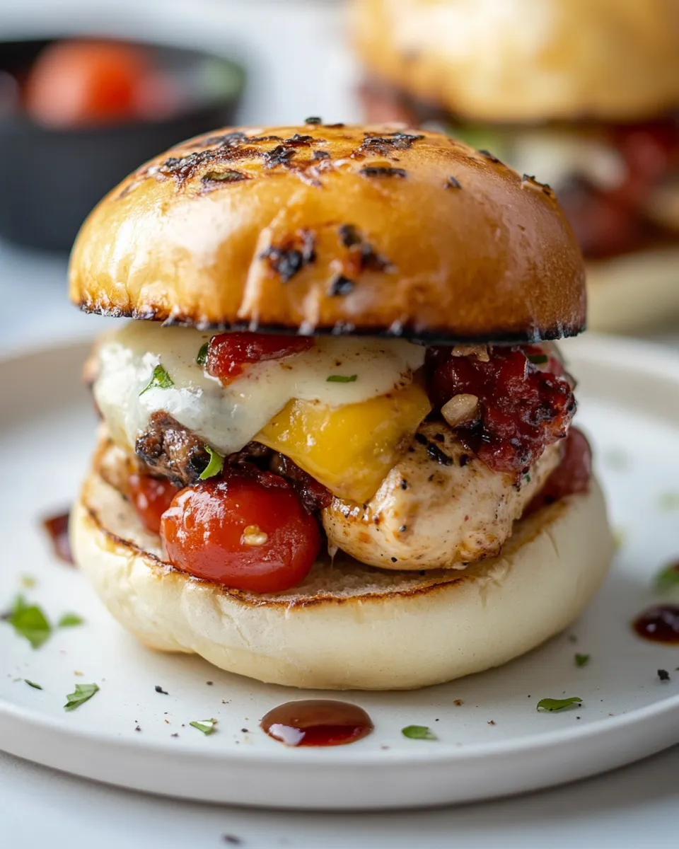 Easy Cheesy Bruschetta Chicken Burgers. food shot