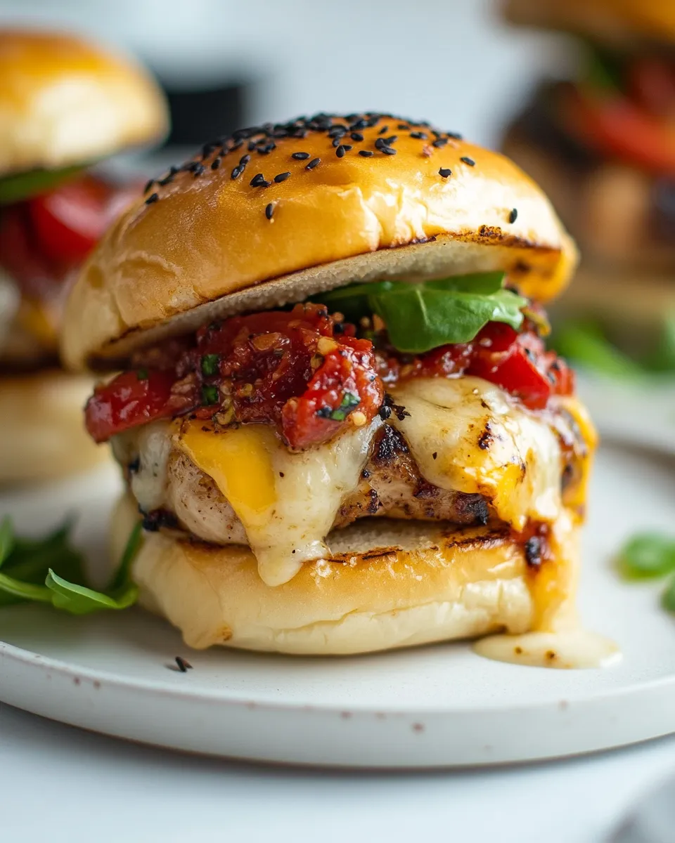 Delicious Cheesy Bruschetta Chicken Burgers. plate image