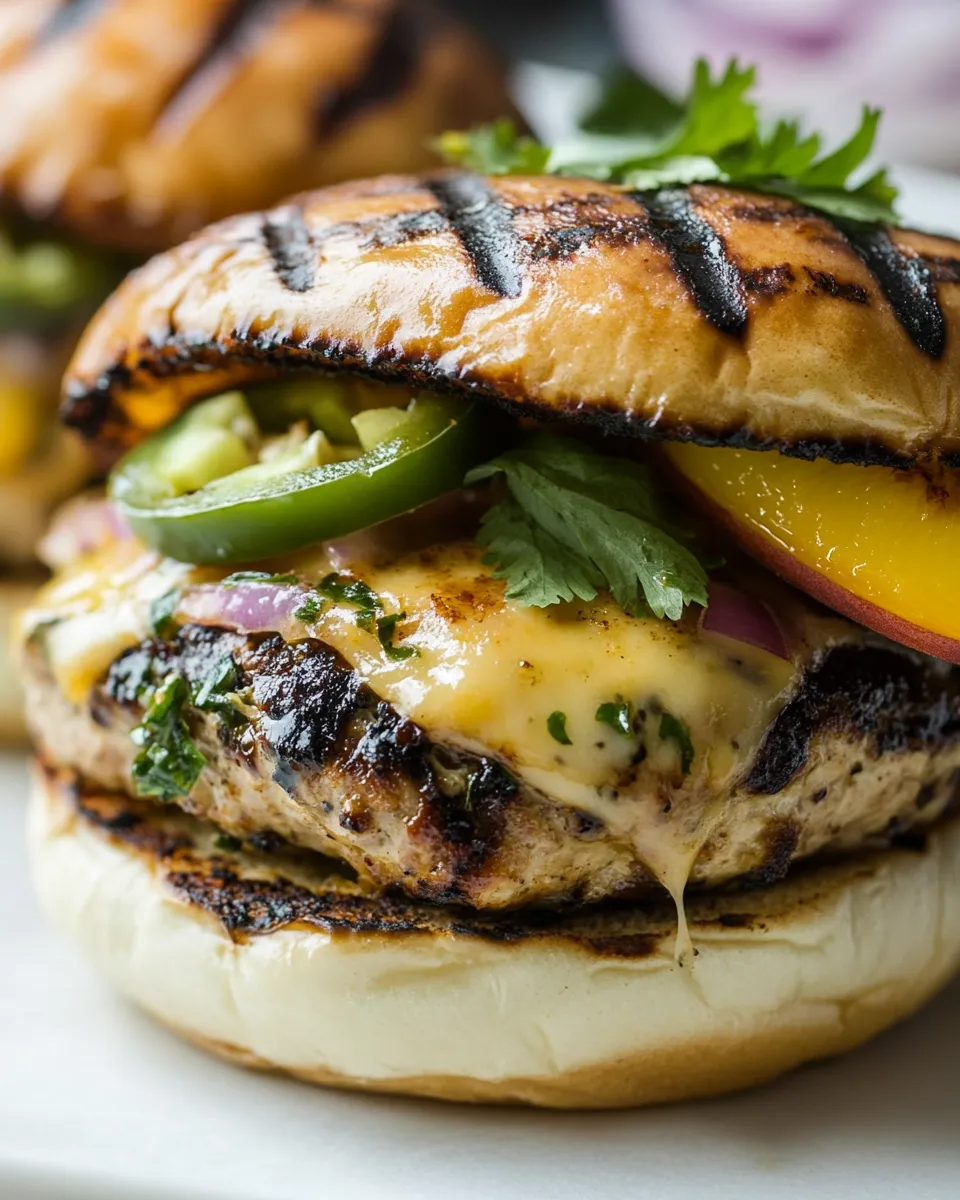 Healthy Cheesy Grilled Peach Jalapeno Turkey Burger dish photo
