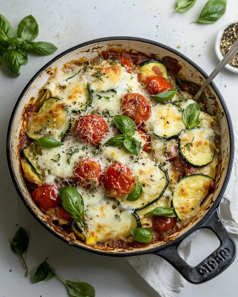 classic Cherry Tomato Zucchini Skillet Lasagna. plate image