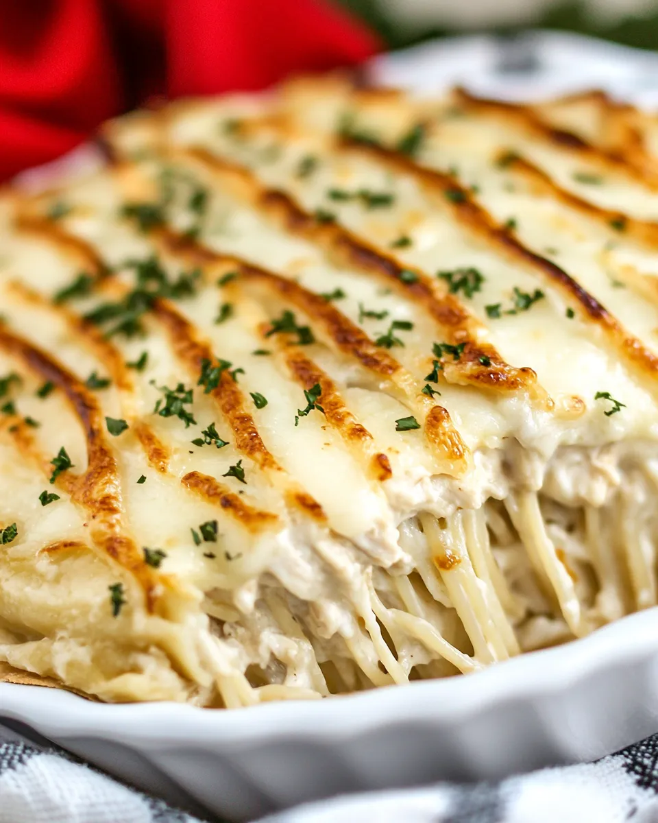 Delicious Chicken Alfredo Spaghetti Pie plate image