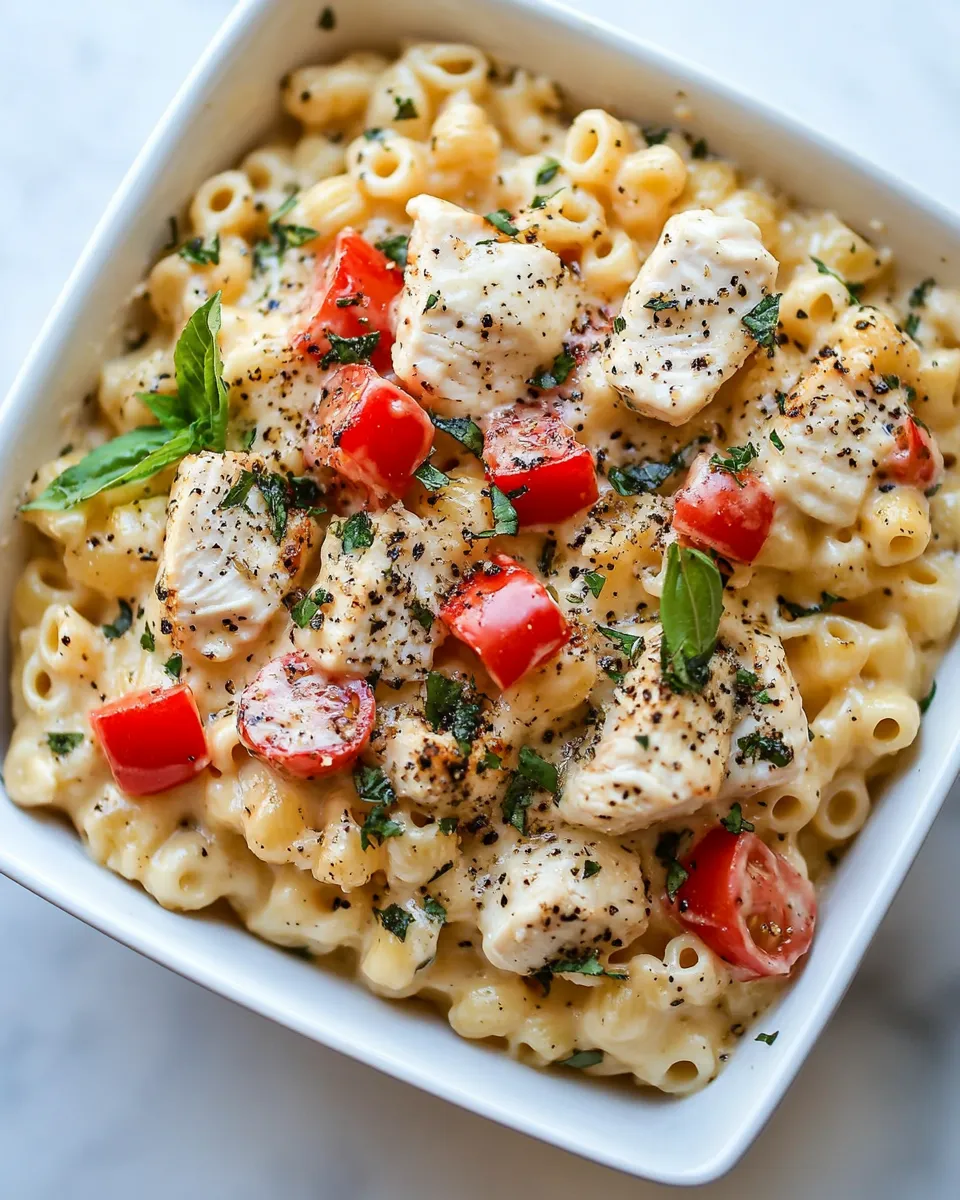 Delicious Chicken Caprese Macaroni and Cheese plate image