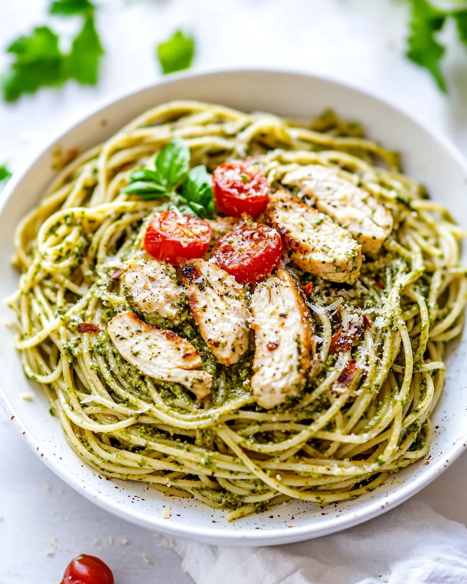 Delicious Chicken Pesto Spaghetti plate image