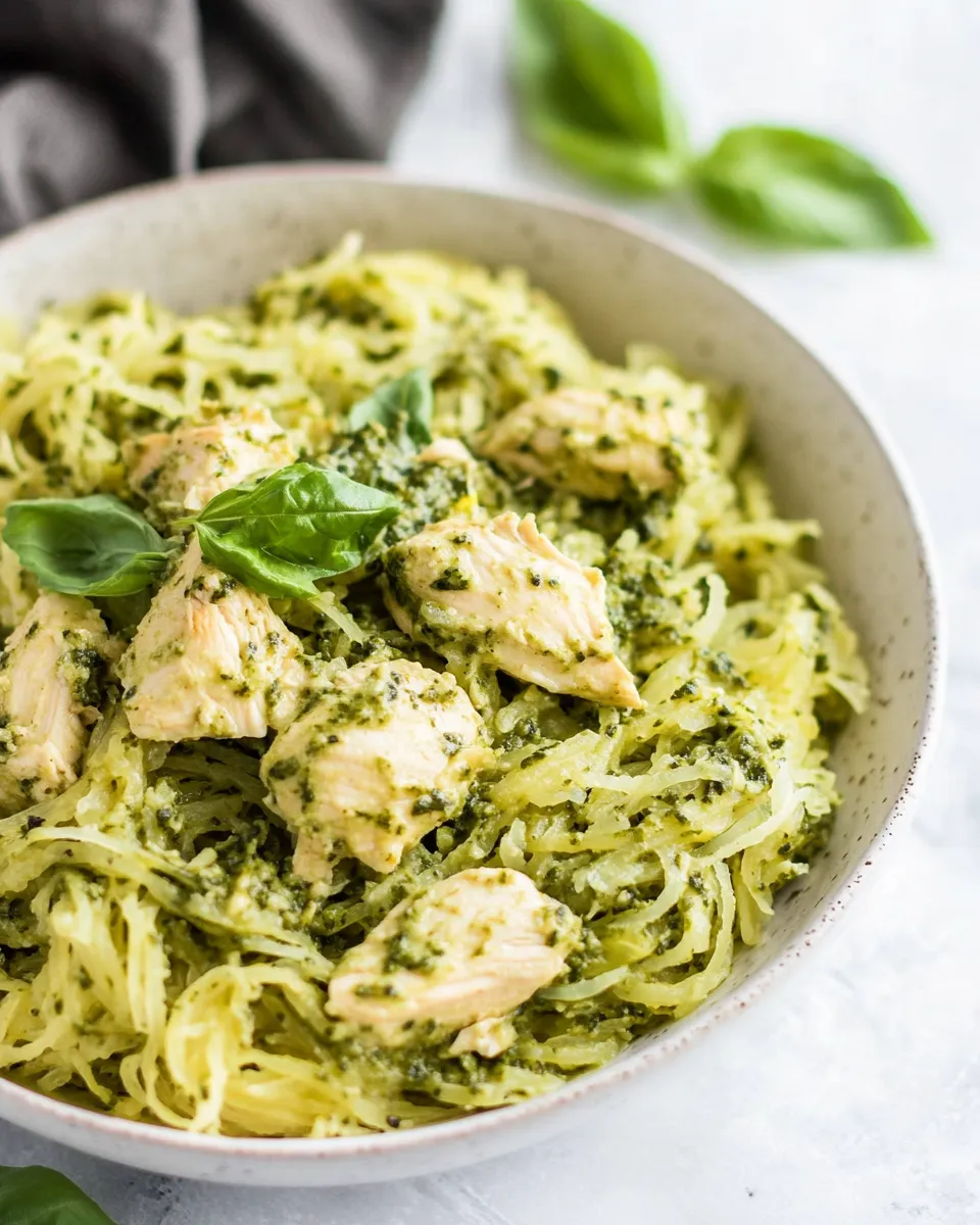 Delicious Chicken Pesto Spaghetti Squash (Paleo, Keto, Whole30) shot