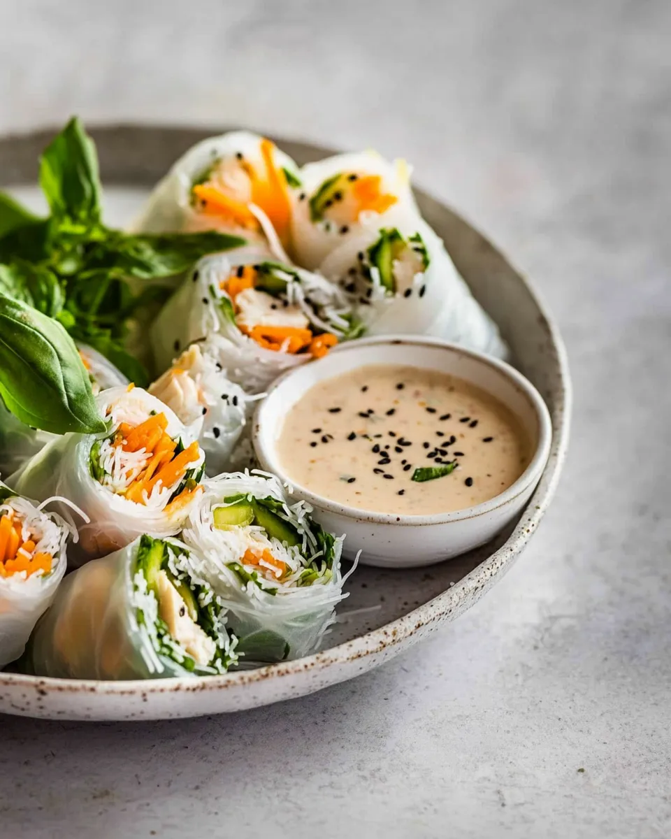 Delicious Chicken Salad Rolls with Miso Tarragon Dipping Sauce image