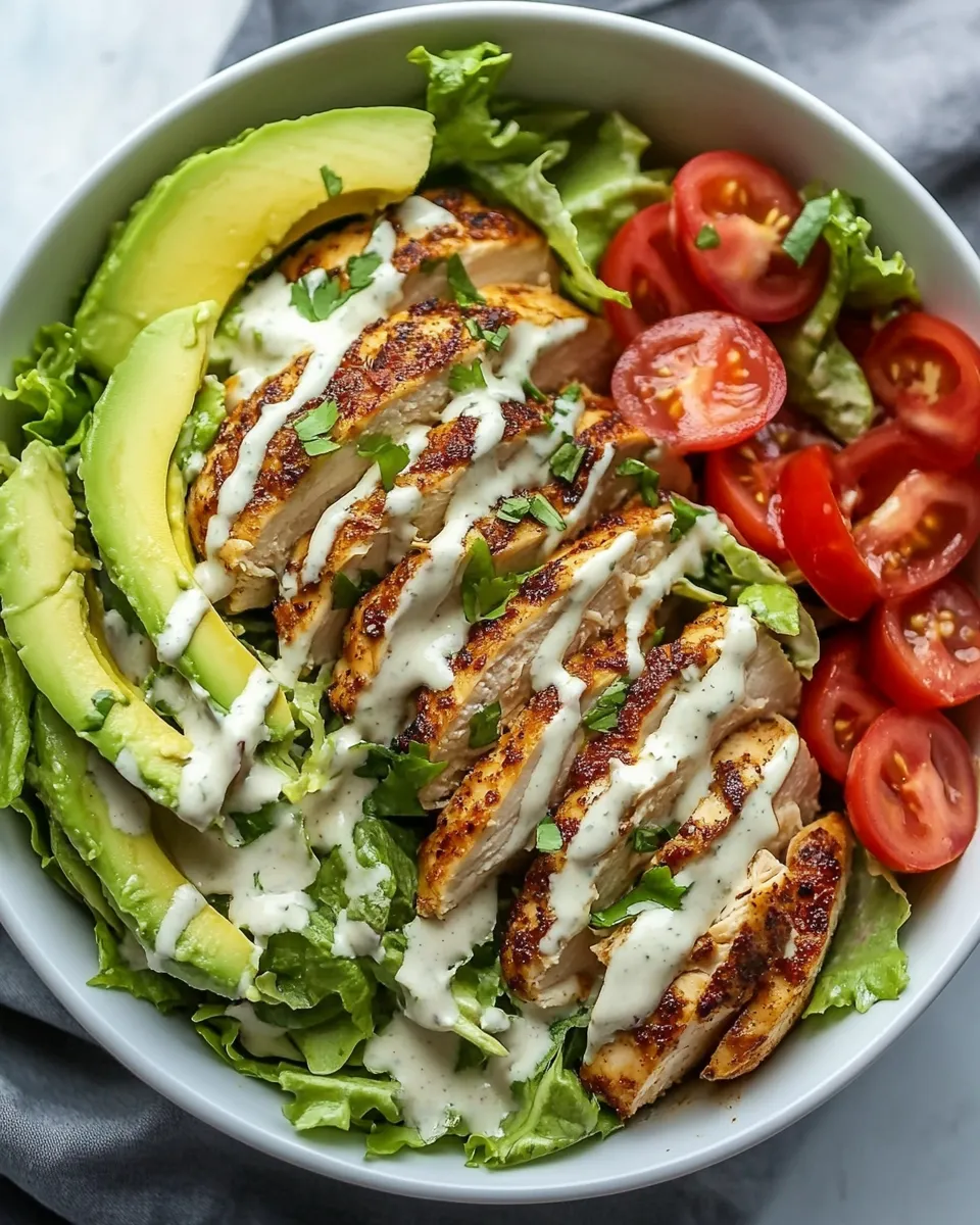 Delicious Chicken and Avocado Salad with Skinny Creamy Dressing shot