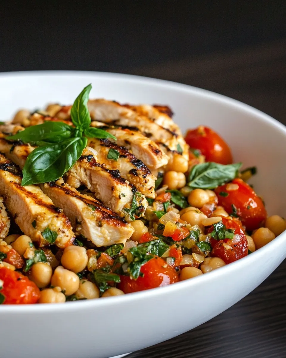 Easy Chickpea and Tomato Salad with Grilled Chicken food shot