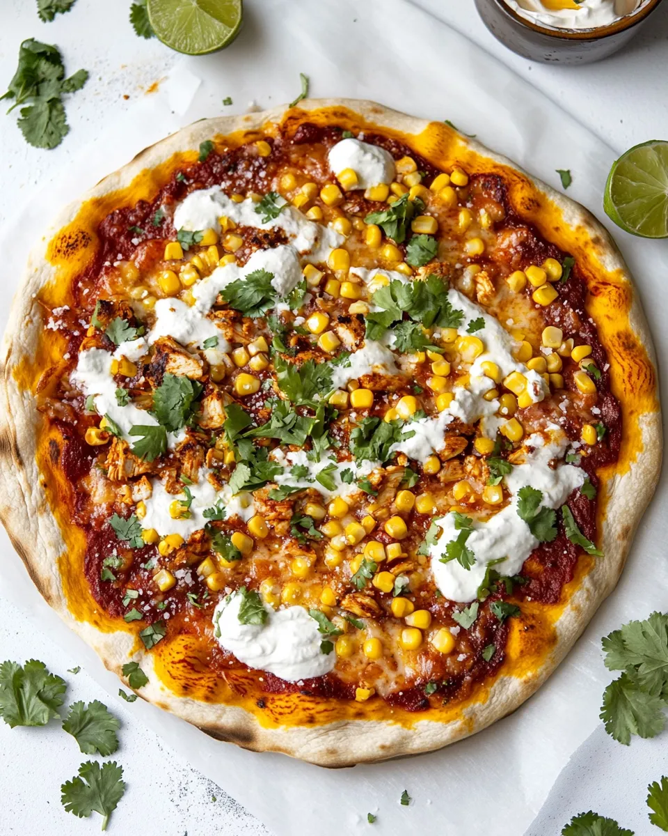 Delicious Chili Lime Chicken Street Corn Pizza. picture