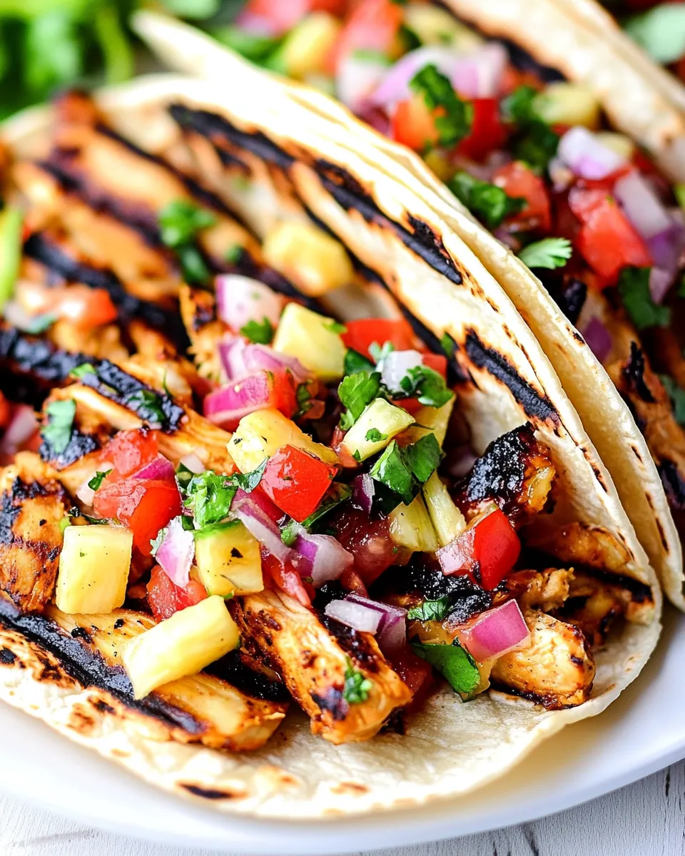 Delicious Chili Lime Chicken Tacos with Grilled Pineapple Salsa food shot