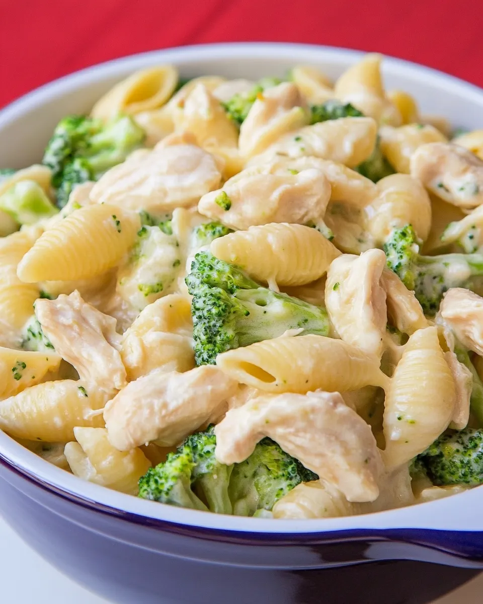 delicious Creamy Broccoli Chicken Shells and Cheese shot