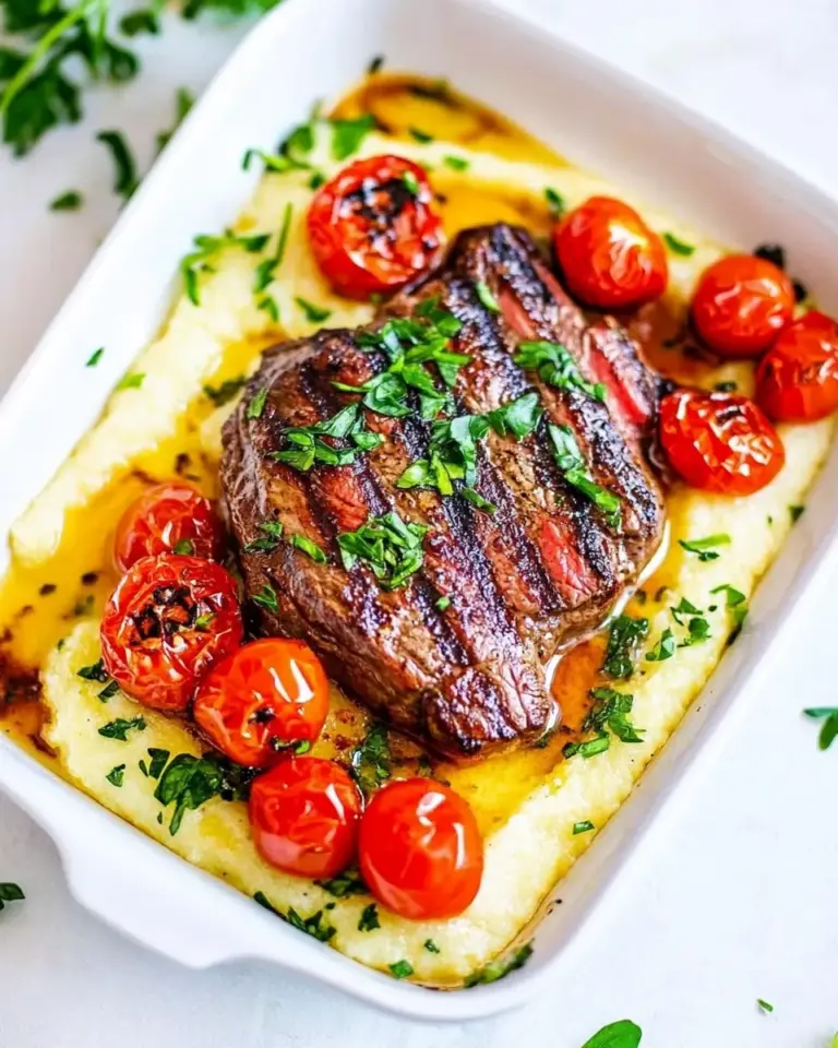 Homemade Creamy Polenta with Grilled Steak and Roasted Tomatoes recipe photo