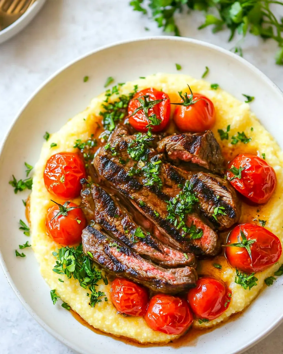 Classic Creamy Polenta with Grilled Steak and Roasted Tomatoes dish photo