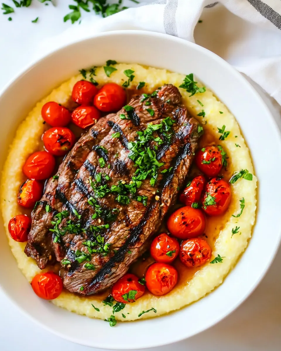 Easy Creamy Polenta with Grilled Steak and Roasted Tomatoes food shot