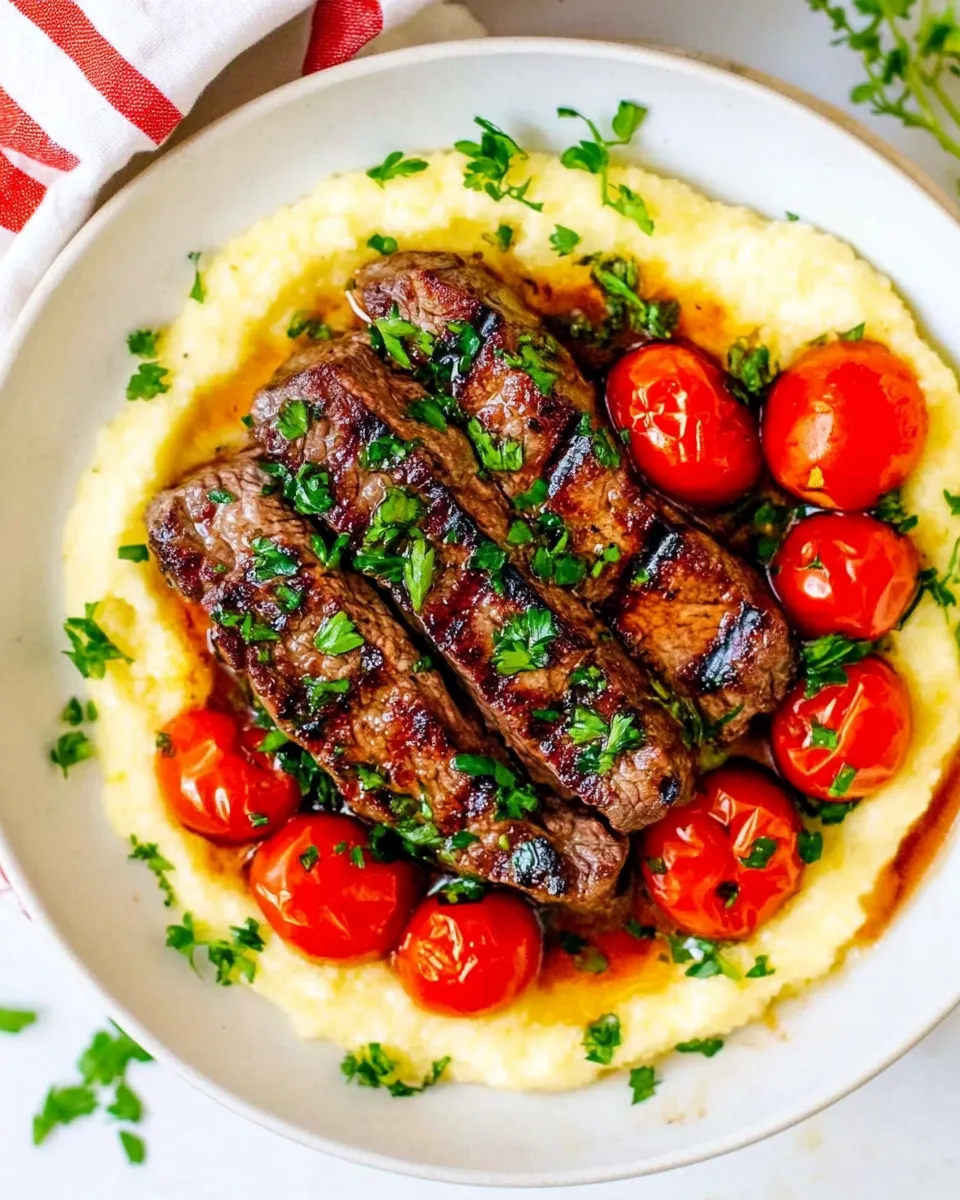 Delicious Creamy Polenta with Grilled Steak and Roasted Tomatoes plate image