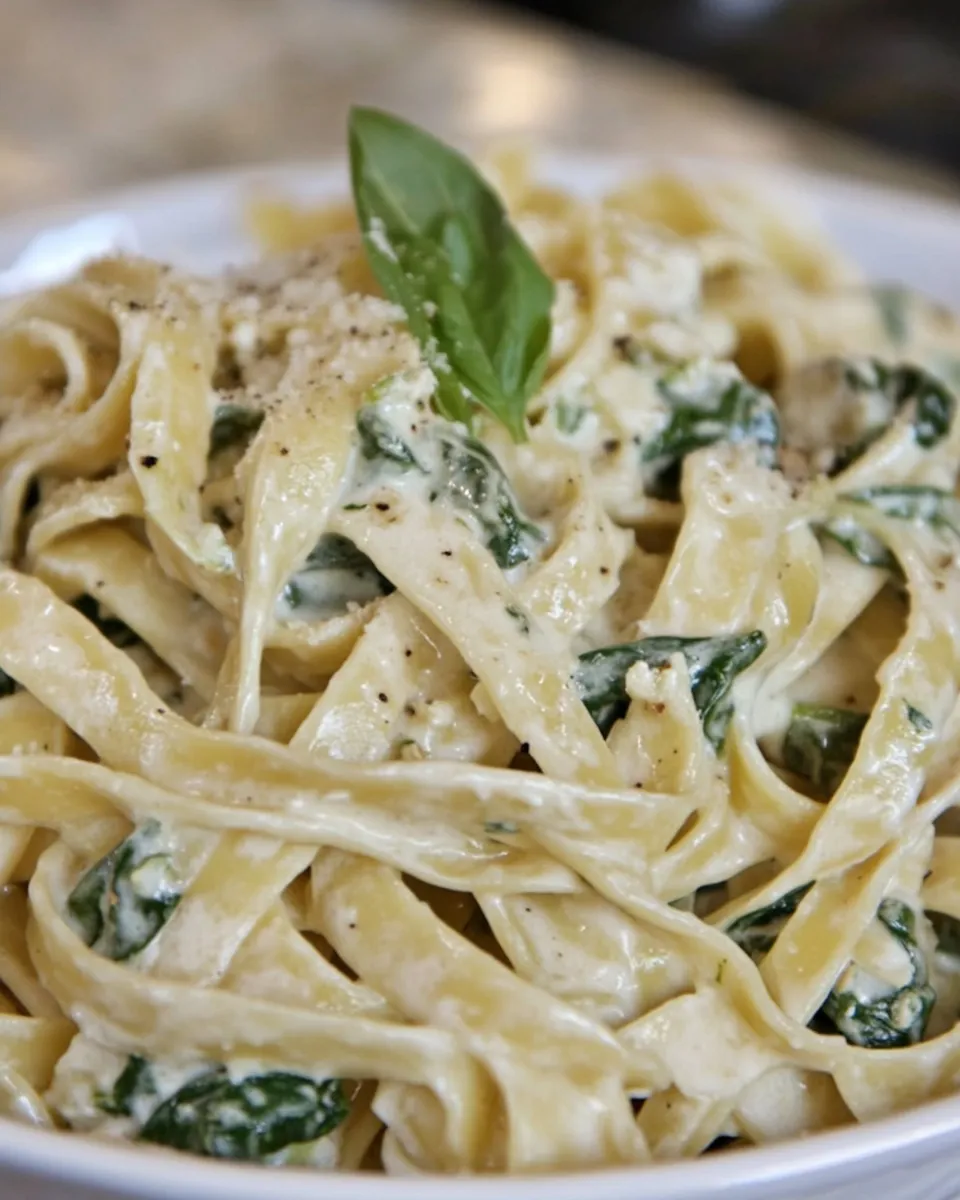 delicious Creamy Spinach Fettuccine shot