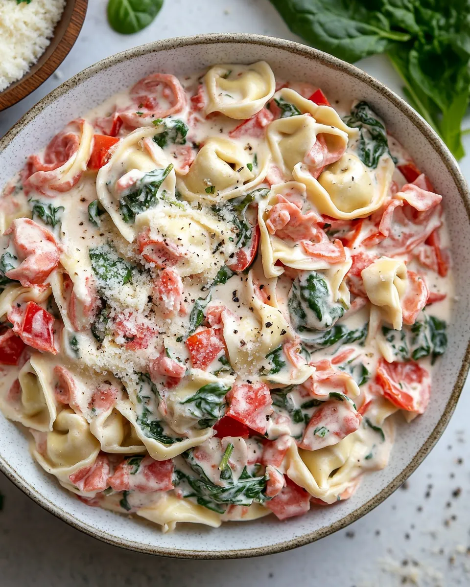delicious Creamy Spinach Tomato Tortellini shot