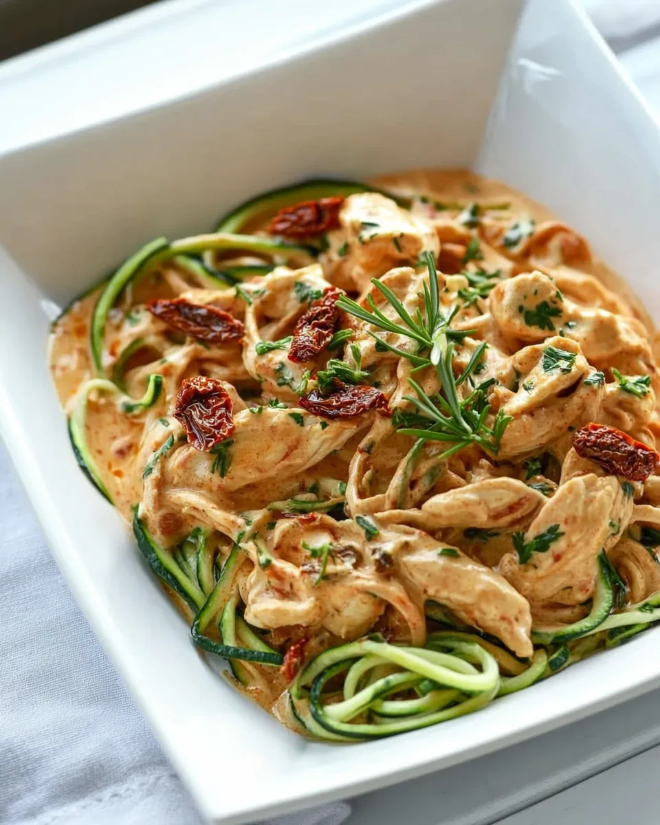 Delicious Creamy Sun Dried Tomato Chicken Zoodles plate image
