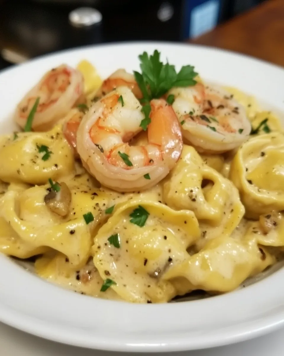 Delicious Creamy Tortellini with Shrimp plate image