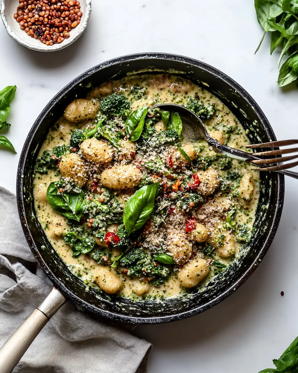 homemade Creamy Vegan Gnocchi Skillet with Pesto, Lentils & Broccoli Rabe photo