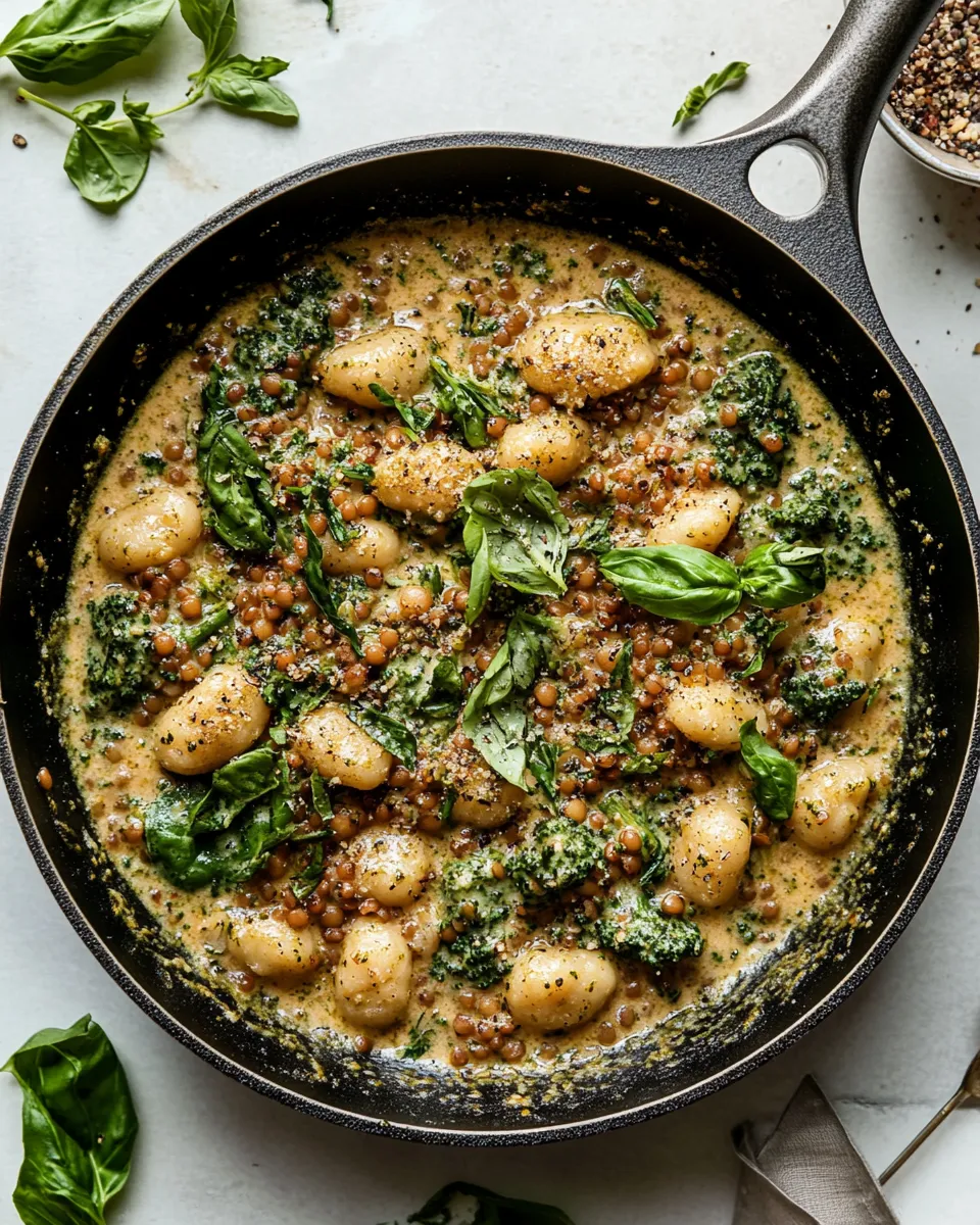 classic Creamy Vegan Gnocchi Skillet with Pesto, Lentils & Broccoli Rabe image