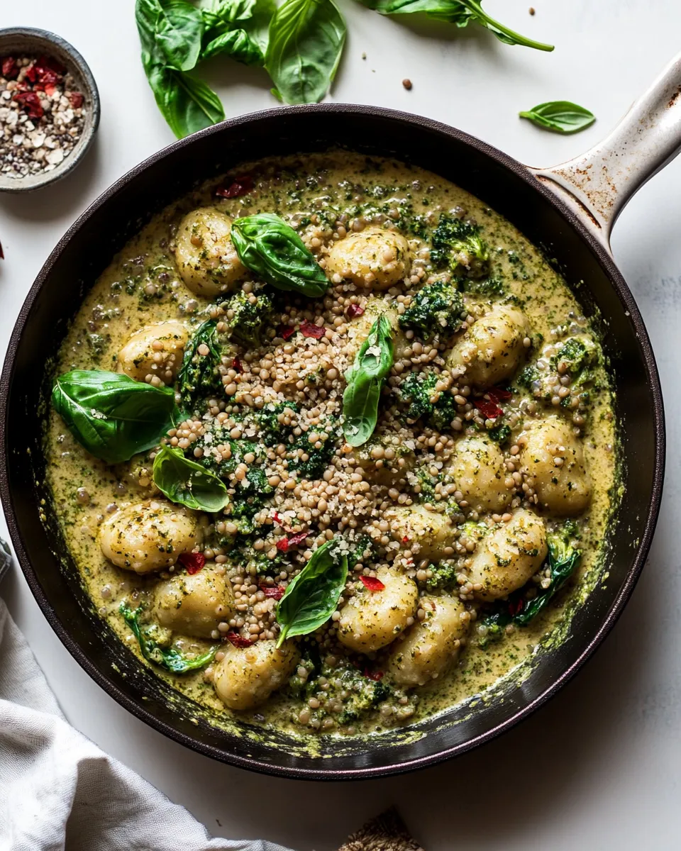 easy Creamy Vegan Gnocchi Skillet with Pesto, Lentils & Broccoli Rabe recipe photo