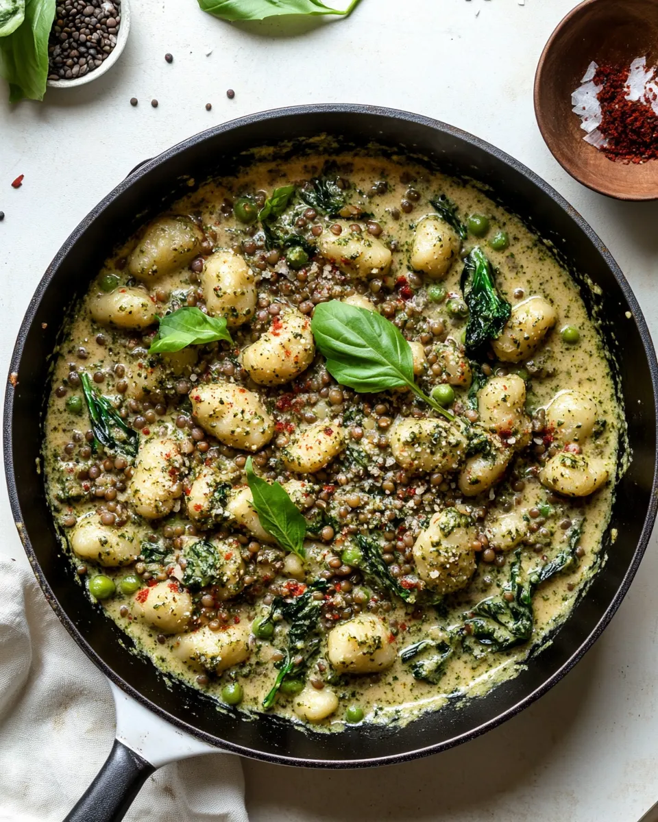 delicious Creamy Vegan Gnocchi Skillet with Pesto, Lentils & Broccoli Rabe dish photo