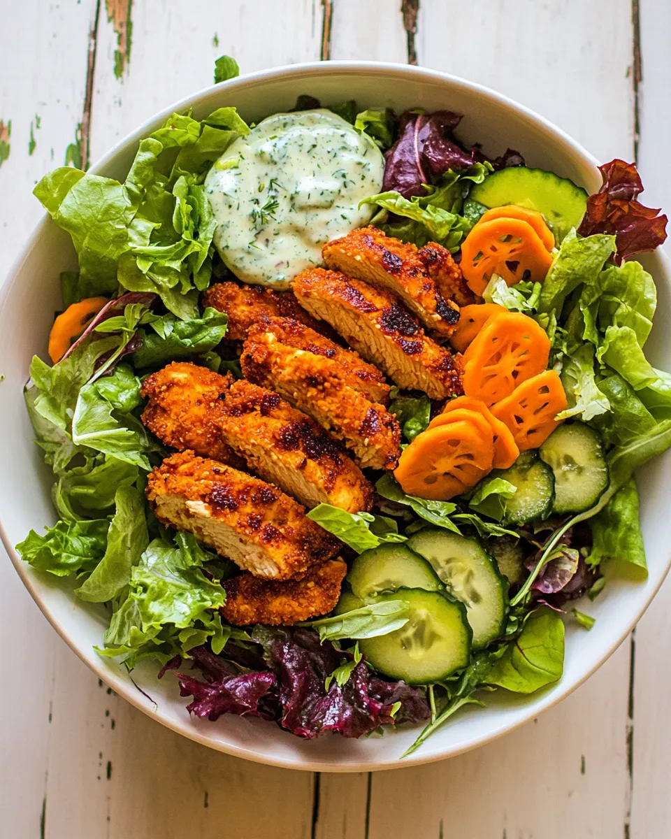 Homemade Crispy Buffalo Ranch Chicken Salad with Goddess Dressing. photo