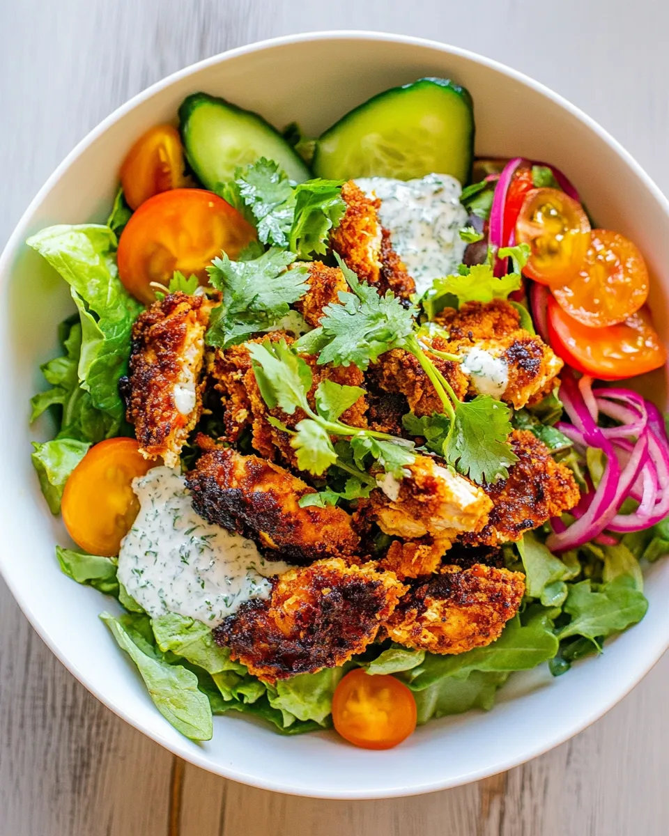 Easy Crispy Buffalo Ranch Chicken Salad with Goddess Dressing. recipe image