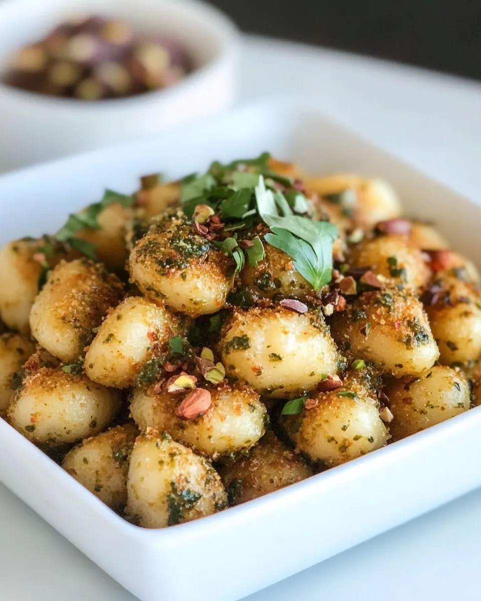 homemade Crispy Gnocchi with Pistachio Pesto. photo