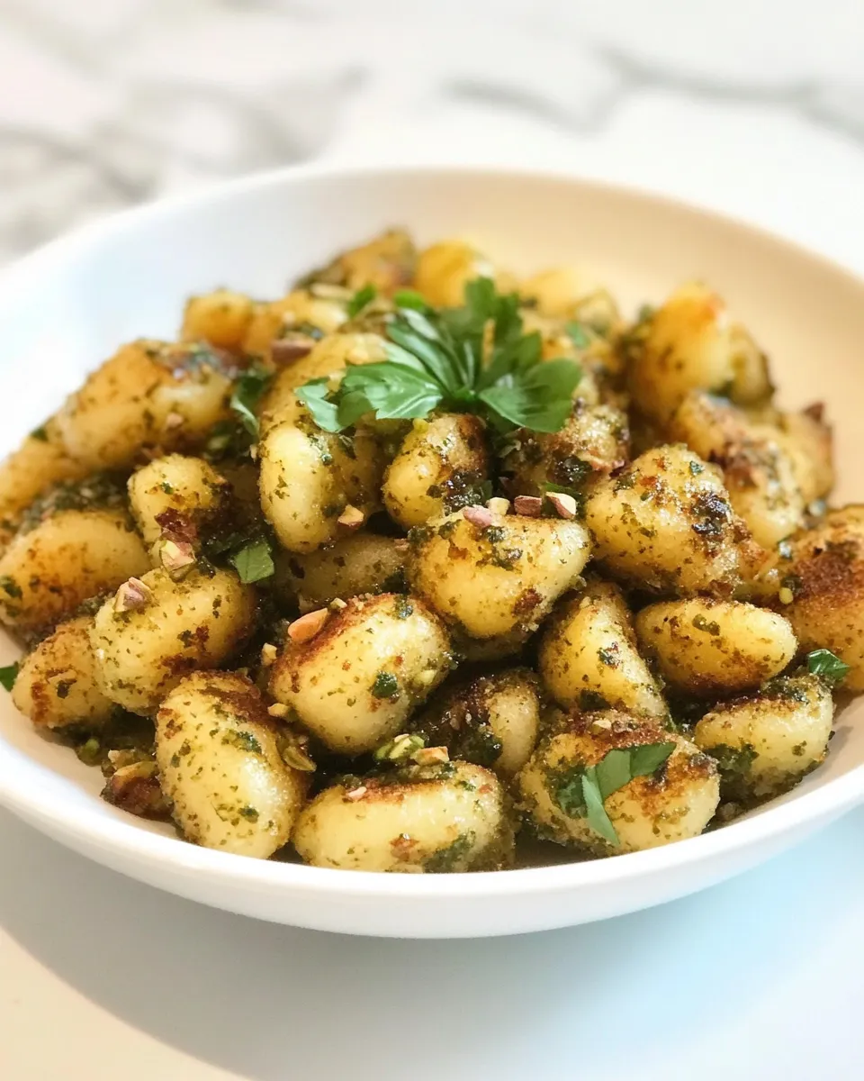delicious Crispy Gnocchi with Pistachio Pesto. shot