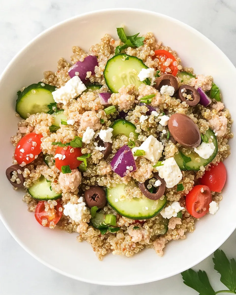 Easy Cucumber Quinoa Salad With Ground Turkey, Olives, & Feta food shot