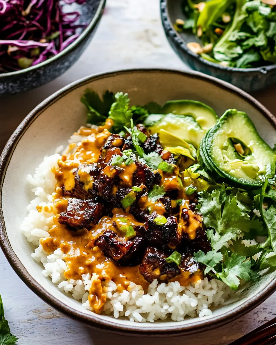 Delicious Curried Thai Beef with Peanut Sauce. food shot