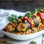Delicious Curried Zucchini, Chicken and Goat Cheese Rolls with Cashew Mango Fried Rice food shot