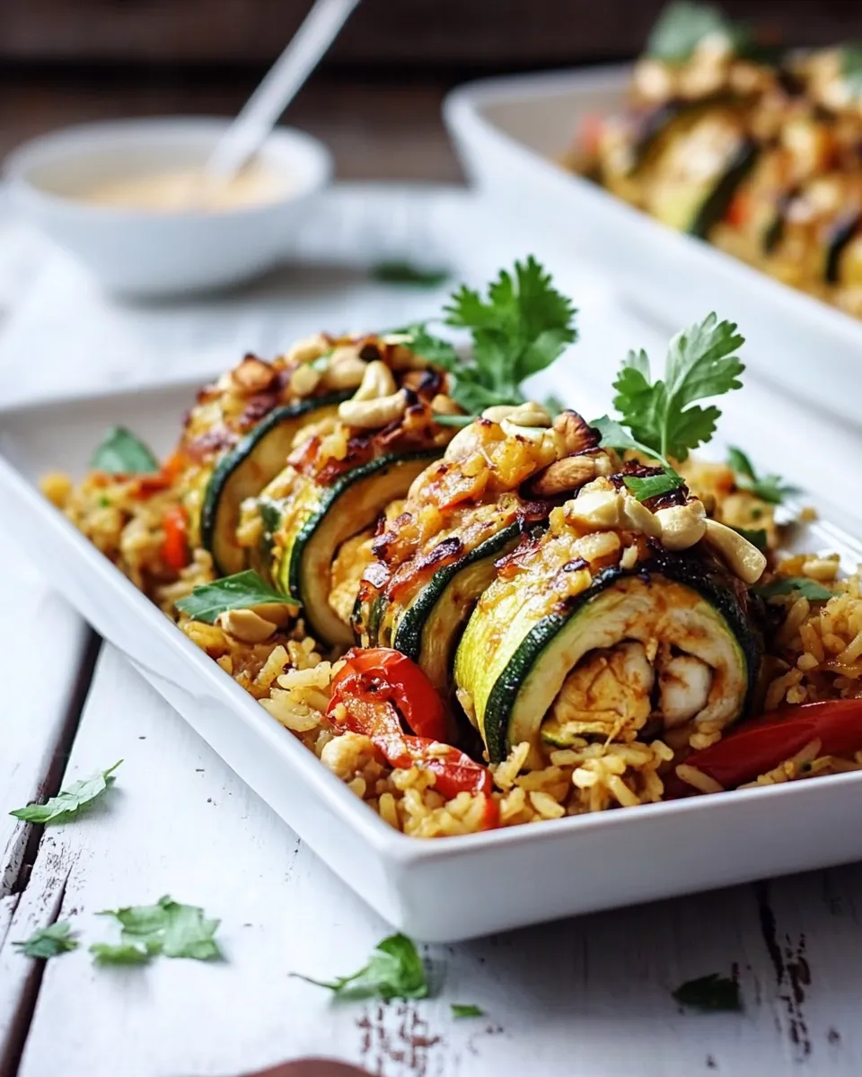 Healthy Curried Zucchini, Chicken and Goat Cheese Rolls with Cashew Mango Fried Rice recipe photo