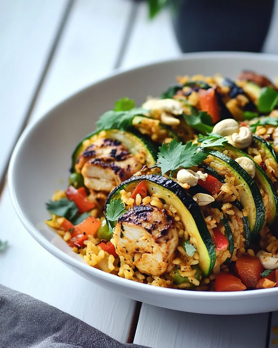 Easy Curried Zucchini, Chicken and Goat Cheese Rolls with Cashew Mango Fried Rice plate image