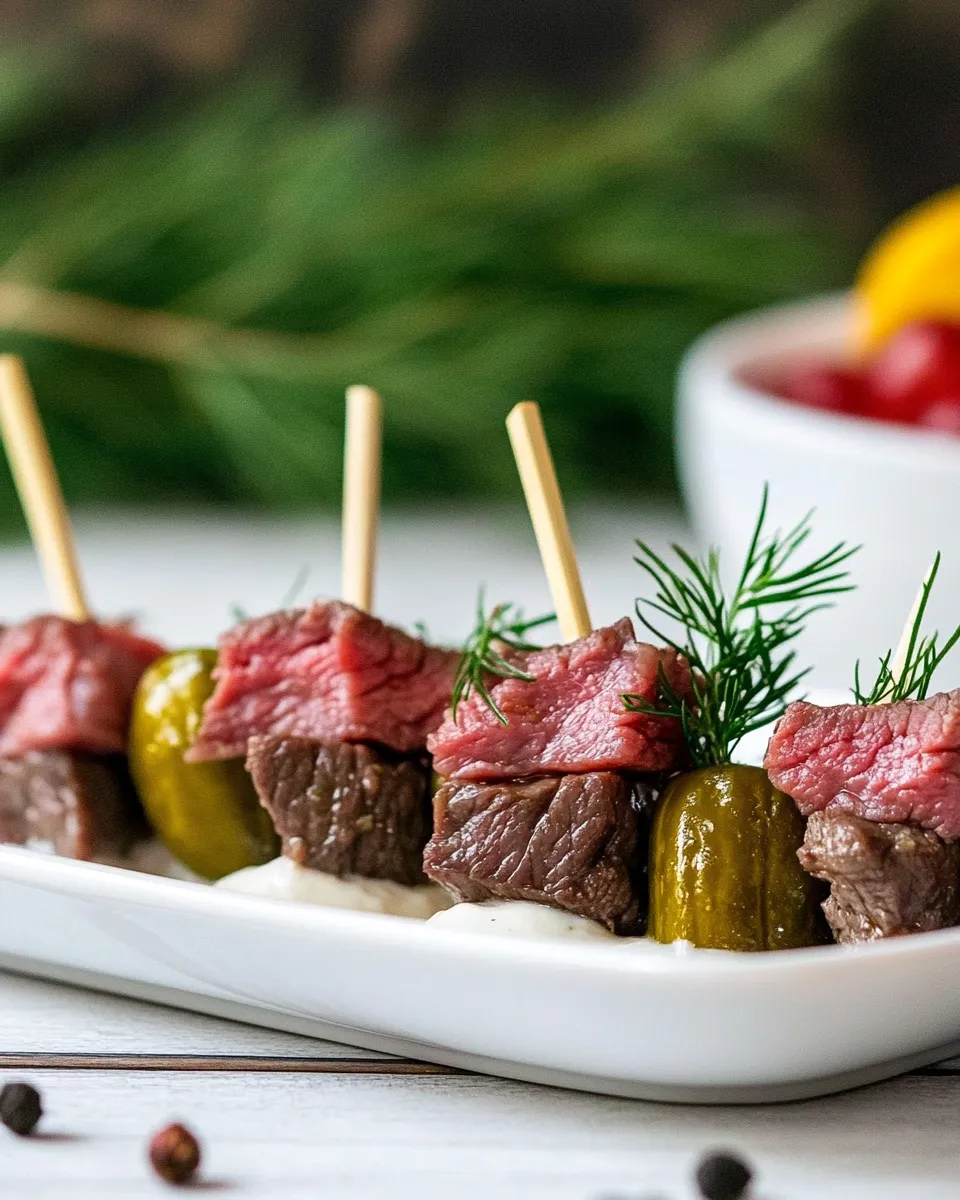 Easy Dill Pickle Beef Skewers food shot