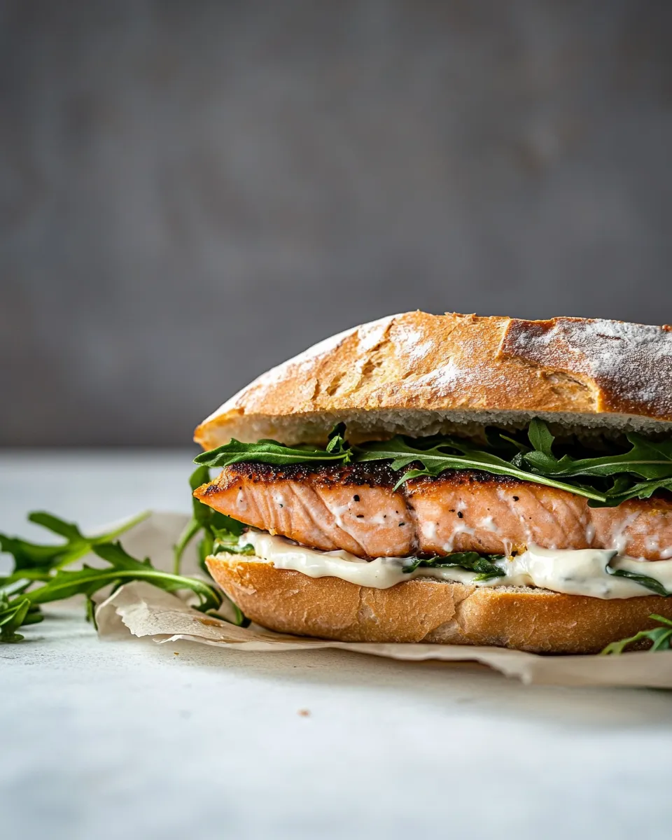 Homemade Easy Baked Salmon Sandwich with Zesty Lemon Mayo and Arugula photo
