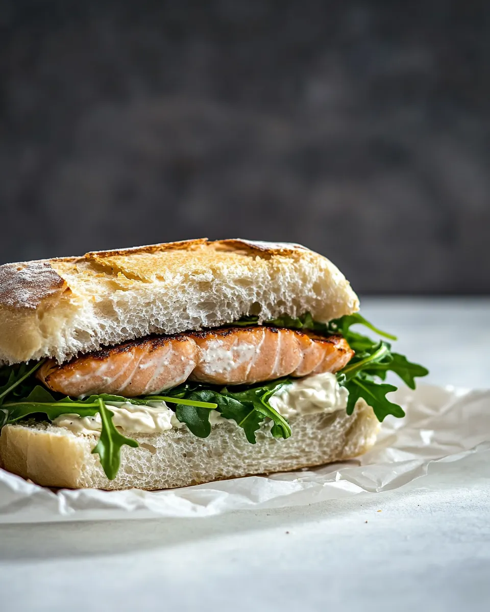 Delicious Easy Baked Salmon Sandwich with Zesty Lemon Mayo and Arugula recipe photo