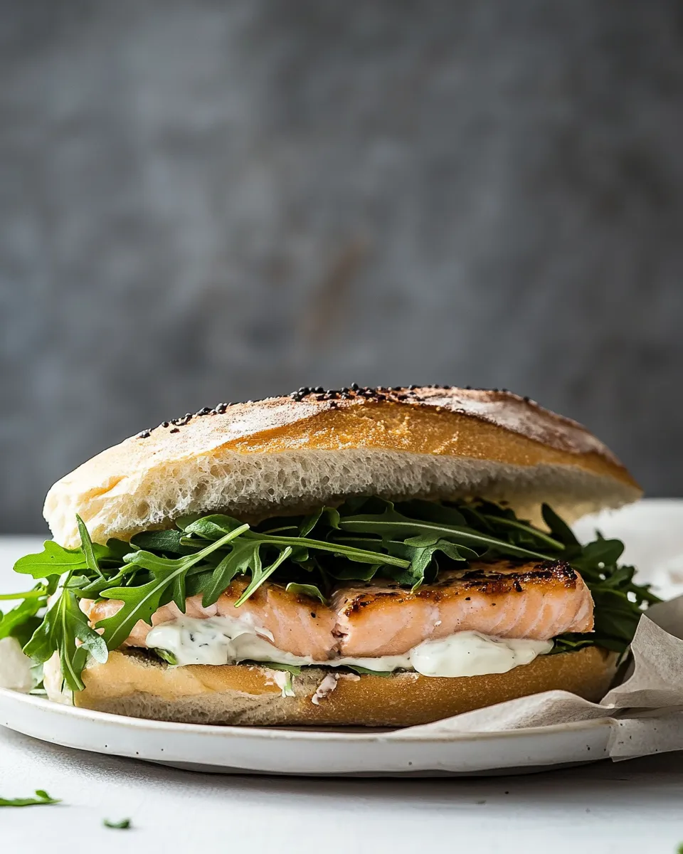 Quick Easy Baked Salmon Sandwich with Zesty Lemon Mayo and Arugula dish photo