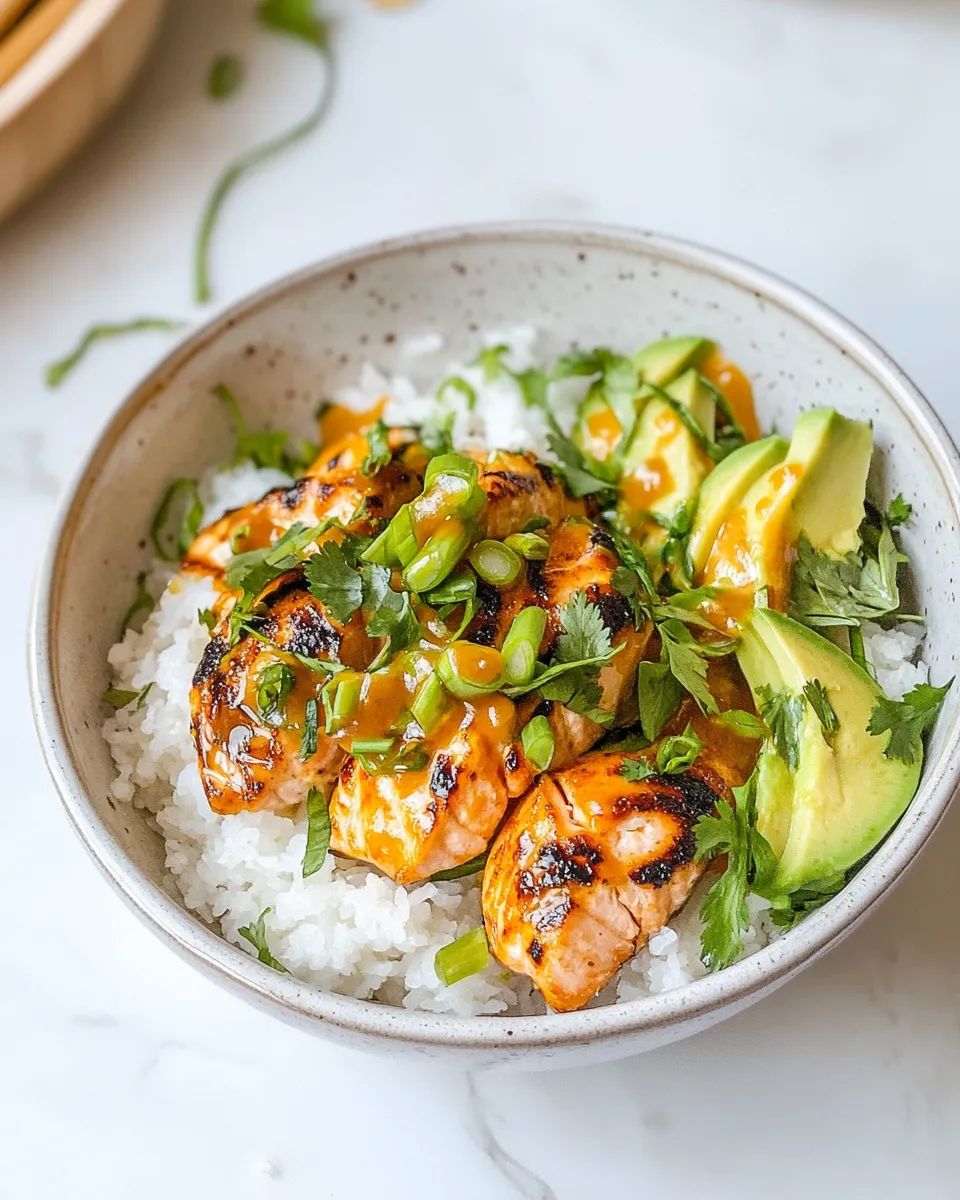 Delicious Easy Bang Bang Salmon Bowls. food shot