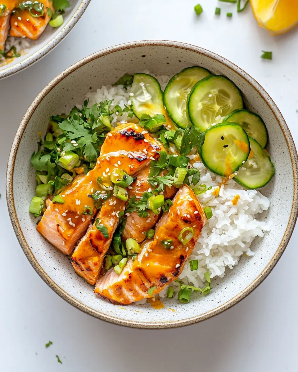Quick Easy Bang Bang Salmon Bowls. plate image