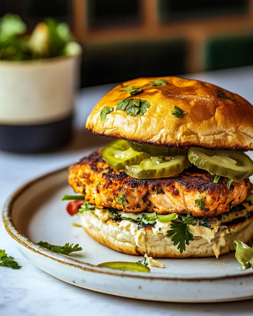 Delicious Easy Chipotle Salmon Burgers. food shot
